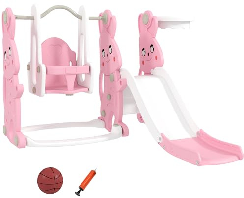 AIYAPLAY Toboggan et balançoire pour Enfants 4 en 1, Aire de Jeux Tout-Petits avec Escalade, Panier de Basket, Toboggan, balançoire, Motif Lapin, pour l'intérieur et l'extérieur, 1,5 à 4 Ans, Rose