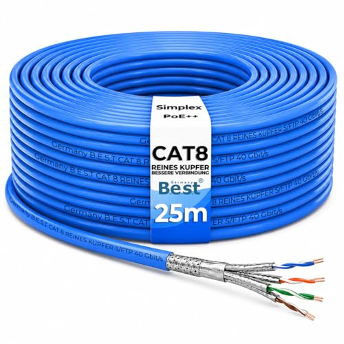 CAT 8 25m Netzwerkkabel Reines Kupfer LAN Verlegekabel S/FTP 40 Gbit | 100 % reines Kupfer, LAN Verlegekabel, Ethernet Netzwerkkabel, S/FTP, 40 Gbit, PoE++, LSZH, Router, Switch, Patchpanel