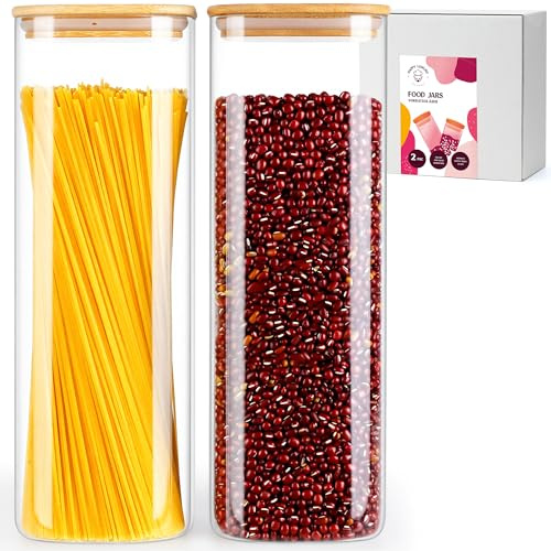 Happy Lemuro Vorratsgläser Set (2 x 2300 ml) Eckige Vorratsbehälter mit Holzdeckeln - 10x10x30 cm - Vorratsdosen Glas | Vorratsgläser mit Deckel | Vorratsglas mit Holzdeckel