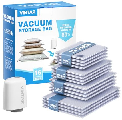 VINTAR 16 Pack Vacuum Storage Bags for Travel with Cordless Pump | Rechargeable Wireless Pump, 4 Sizes(4J+4L+4M+4S), Space Saver Bags for Luggage, Suitcase, Clothes, Bedding, Blankets
