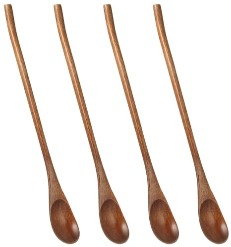 GLEAVI 4 Cucharas de Café de Madera Mango Largo, Cucharas Mezcladoras para Espresso y Té, Cucharillas de Madera para Miel y Cócteles, Utensilios Compactos para Hogar, Oficina y Viaje
