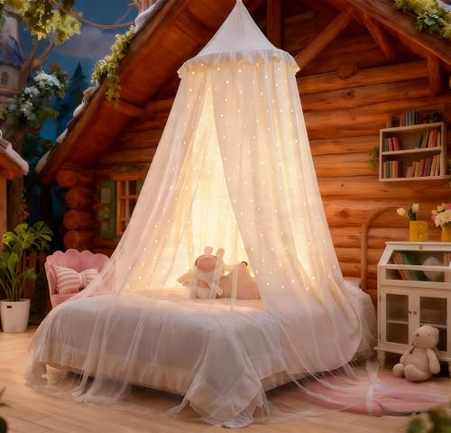Eimilaly Prinzessin Bett Baldachin für Mädchen, Doppelte Lage Baldachin mit Cutout Sterne, passt Twin/volles Bett, weiß