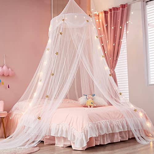 Nattey Bed Canopy With Lights for Girls - Gold Star Princess Curtains, Extra Large Dome Mosquito Net Reading Nook for Kids Boys Twin Full Queen Size Bed, Fire Retardant Fabric