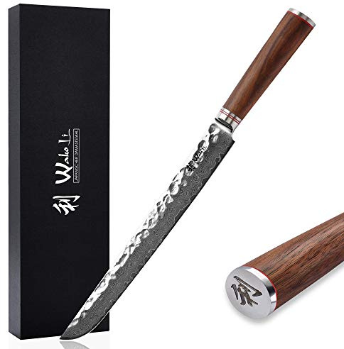 Wakoli Nussbaum Tranchiermesser 27,5 cm, 67 Lagen Damaststahl mit VG10-Kern | Hammerschlag, Nussbaumholzgriff, 15° V-Schliff je Seite, 60 ± 2 HRC, für Braten sowie große Fleischstücke, inkl. Geschenkbox.