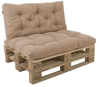 POKAR Set di Cuscini per Europallet da 2 pezzi: 1x Cuscino-sedile 120x60cm + 1x Cuscino-schienale 120x60cm, per Divano da Giardino, per Interno ed Esterno, senza Pallet, beige