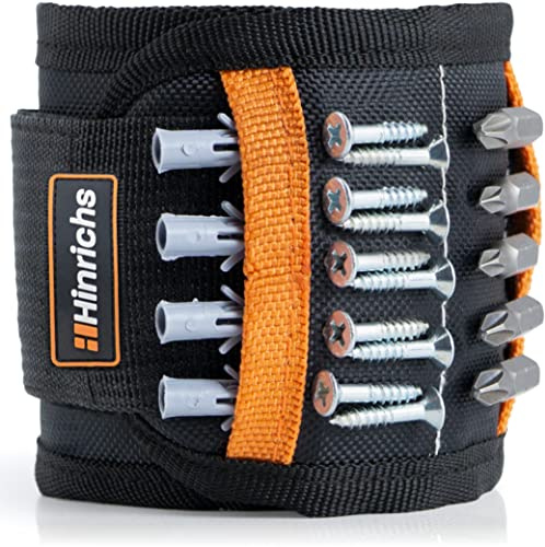 Hinrichs Polsino Magnetico con accessori da avvitare da 37 pezzi - Bracciale Magnetico Porta Viti (40 x 9 cm) con 2 zone magnetiche integrate - Polsiera Magnetica - Regalo uomo - Magneti Fai da Te