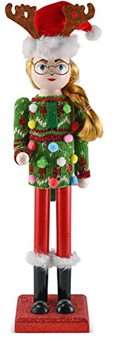 Ornativity Christmas Ugly Sweater Nutcracker – Red and Green Wooden Nutcracker Woman with an Ugly Sweater and Reindeer Hat Xmas Themed Holiday Nut Cracker Doll Figure Decorations 15