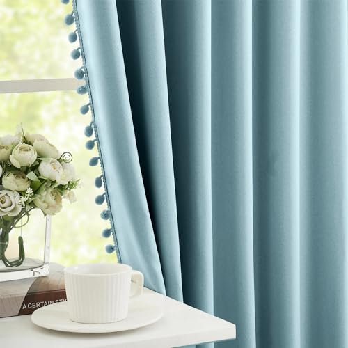 Treatmentex Blickdicht Vorhang mit Pompons Blau Vorhang mit Ösen Landhausstil Wärmeisoliert Thermovorhang Verdunkelungsvorhänge für Mädchenzimmer,Wohnzimmer,Schlafzimmer-2 Stück(Blau,140x180cm)