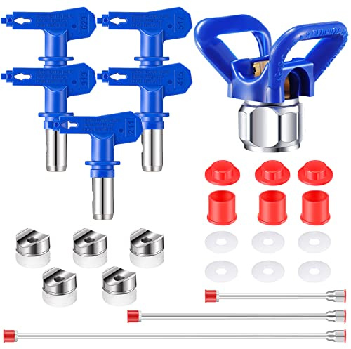 Lanties 9 Pieces Airless Paint Sprayer Tips Reversible Spray Tip Airless Paint Sprayer Nozzle and Spray Gun Tip Extension with Red Guard Pole Rod and Tips(211, 313, 415, 517, 623)