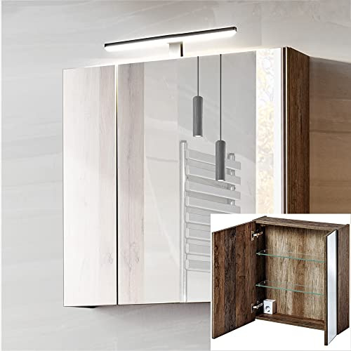 Lomadox Badezimmer Spiegelschrank in Vintage Oak Eiche, 2-türig, LED Beleuchtung, Schalter, Steckdose B/H/T: 60/65-75/17cm