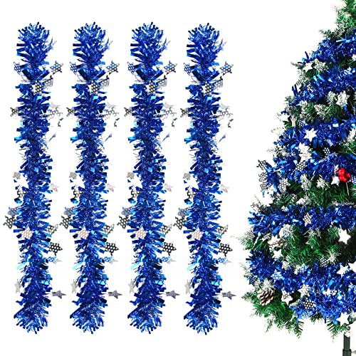 Sprinlot Girlande Weinachten Blau, 4 Stück Lametta Girlande Blau, Weihnachtsgirlanden Glänzend Mit Sternen, Christbaum Girlande, Lametta Weihnachtsbaum Deko