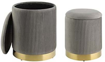 EGLO LIVING 2er Set Hocker mit Stauraum Mashike, Elegante Sitzhocker | runde Couch Beistellhocker, Pouf aus Samt in Grau und Metall in Gold, Samthocker Ø 36 cm