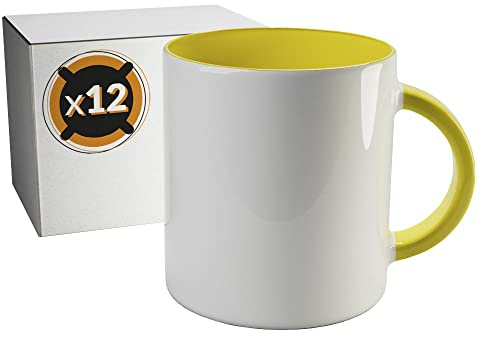 PixColor Lot de 12 tasses de sublimation en céramique blanche avec intérieur jaune | Boîte individuelle | 350 ml (11 oz) | Catégorie AAA | Passe au micro-ondes et au lave-vaisselle