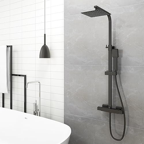 Huiyang - Set miscelatore termostatico per doccia, cromato, termostato a 38 °C, con soffione a pioggia, 1 funzione, kit miscelatore doccia anti scottatura, Cool Touch (balck1)