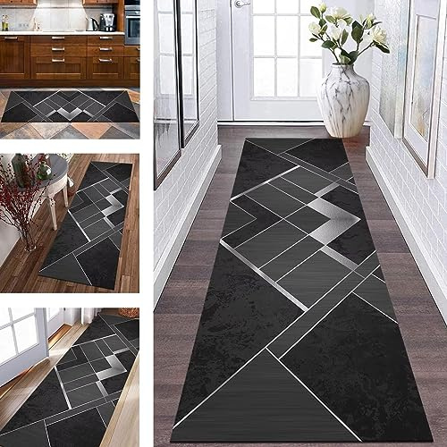 Teppich Läufer Lang Flur Küche rutschfest waschbar Küchenläufer Polyester 60X300CM Korridor Teppichläufer Modern Schwarz Grau Schlafzimmer Wohnzimmer Küchenteppich Meterware Teppichmatten Flurläufer