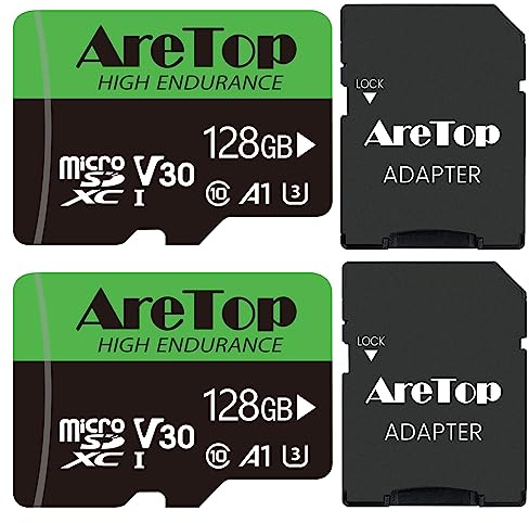 AreTop Micro SD Card 128GB 2 Pack, A1 U3 90MB/s for Camera | A1 app performance, U3 V30 for 4K video, includes SD adapter, compatible with tablet/drone/dash cam/phone/Switch