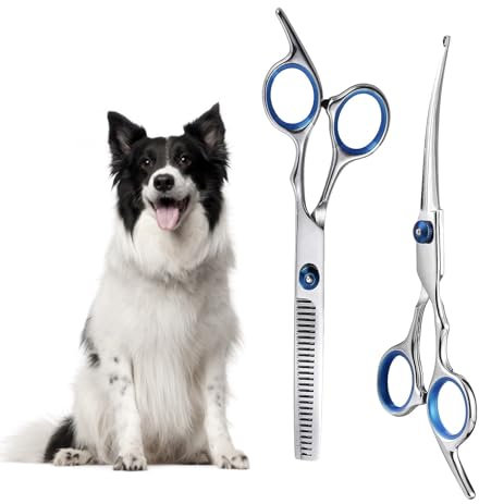XoeLLe Hundeschere Fellschere für Hunde und Katzen, Lot de 2 Hundeschere Set Profi, Haustierschere mit Runder Sicherheitsspitze, Gebogene Fellpflegeschere Haarschere für Hundefriseur und Anfänger