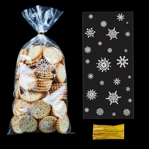 Candy bags 100 Stück Kekstüten Weihnachten Plätzchentüten, Cellophantüten Weihnachten Transparent, Schneeflocke Süßigkeiten Tüten 12.8*27cm, Geschenktüten Klein Gebäcktüten mit Twist Krawatten(Weiß)
