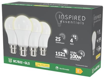Inspired Essentials B22 Bayonet LED Bulb, Warm White 3000K, 100W 100 Watts Equivalent, 13.8W B22 GLS Bulbs, Light Bulbs, Last up to 25000 Hours, 1521 Lumen, Non-Dimmable, Pack of 4