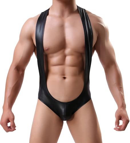 Drelaar Men's Activewear Faux Leather Leotard Bodysuit Suspender Wrestling Singlet Jockstraps One-Piece Jumpsuit Large