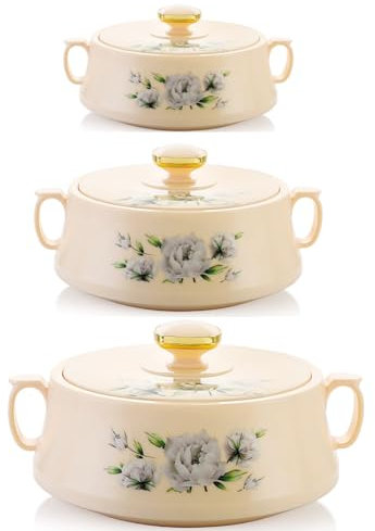 Rishabh Insulated Hot pot Casserole Hot & Cool Food Serving Dish with Lid, Double Wall. Stainless Steel Inside Set of 3 (Cream)