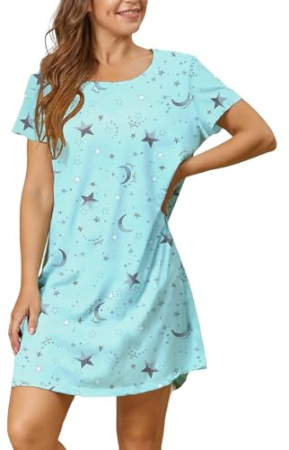 Chemise De Nuit Femme Coton de Nuit en Coton t-Shirt de Sommeil Manches Courtes Chemise de Nuit imprimée vêtements de Nuit Doux Robe Chemise Femme Sexy Robe D Interieur Velours (Mint Green, L)