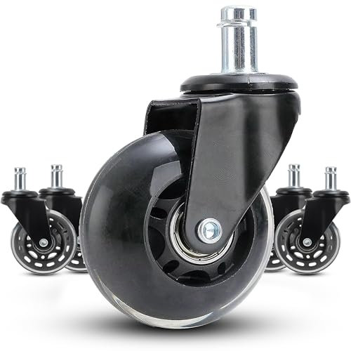 Retoo Lot de 5 roulettes pour chaise de bureau, 10 x 22 mm, diamètre 75 mm, silencieuses et respectueuses du sol, adaptées aux sols durs et tapis, montage facile, matériaux de qualité supérieure,