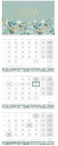 Häfft® 3-Monatskalender 2026 Wandkalender mit Schieber, Ferien DE & AT, Jahresübersicht, Bürokalender Wandplaner Minty Leaves - nachhaltig & klimafreundlich