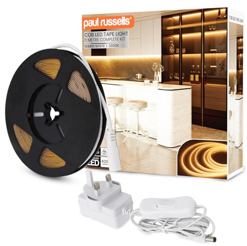 paul russells COB LED Strip Light, 24V- 5Watt/M, 320 LEDs/M, Warm White 3000K, 2300 Lumens, 5M Flexible Tape Light IP20, High CRI 90+, DIY Indoor Lighting for Home, Cabinet & Decoration (Non-Dimmable)