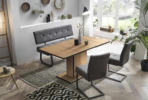 Hela, 4-TLG. Essgruppe, 1 Auszugstisch Artisan + 1 Bank mit Rücken + 2 Schwinstühle, Dekor Anthrazit, Komfortsitz Federkorb