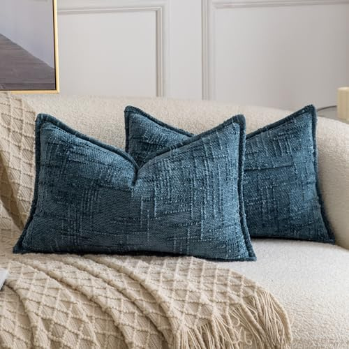 MADIZZ Set med 2 st Texturerade Chenille Kuddfodral Mjukna Boemiska Dekorsiktiga Kuddöverdrag Modern Heminredning för Soffa Vardagsrum Sovrum Blått 40x60 cm