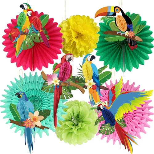 wokdsbl Bunte Hawaii Deko Party, Papagei Hängedeko Set 6x Papagei + 4x Papierfächer + 2x Wabenpapier Pompons, Sommerparty Deko für Gartenparty, Geburtstag, Poolparty, Dschungel Deko