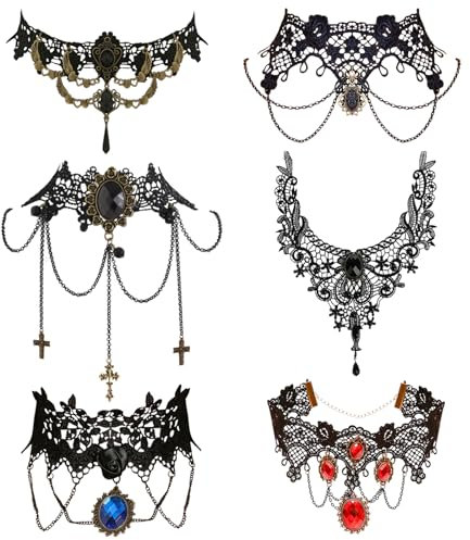 TYXHXTF 6 Stück Gothic Halskette Set, Choker Halsband, Schwarze Spitze Gothic, Vampir Kette, Spitze Choker, Halsband Damen, Kostüm Schmuck, Kette Damen für Halloween Karneval Maskerade Pfingsten