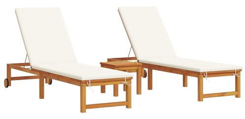 vidaXL Set di lettini Prendisole da 2 con Tavolo e Cuscini Crema | Sedie da Patio Pieghevoli in Legno di Teak Solido con Schienale Regolabile, mobili Chic per Il Giardino