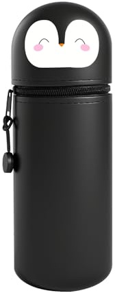 Homshsjhkis 2-in-1 Silikon Federmäppchen, Schulmäppchen aus Weichem, Tischstifthalter mit Reißverschluss, Unisex Kawaii Federmäppchen, Stand Up Federmappe, Federtasche, Tier Stifthalter (Pinguin)
