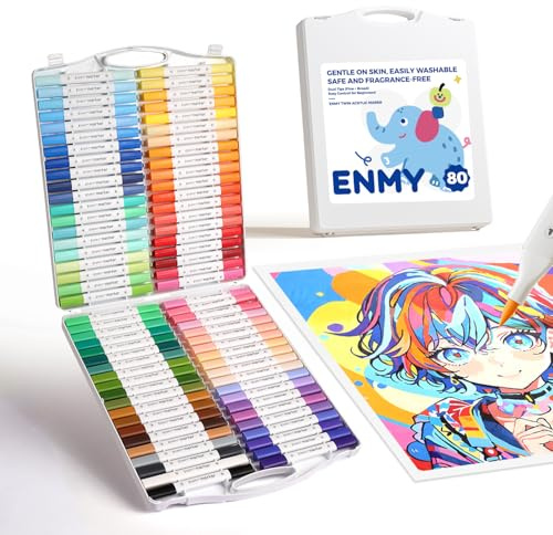 ENMY 80 Colours Dual Tip Acrylic Markers with Case, Fine & Brush Paint Pens | 1mm precision tip; Flexible 1–5mm brush strokes; Smooth ink flow; Non-toxic, washable ink; Anime, crafts & multi-surface art