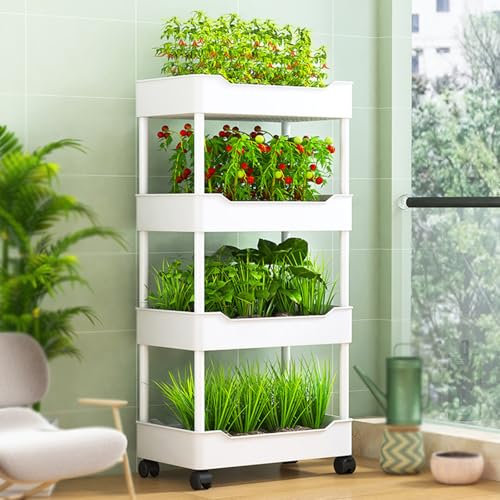 Kits De Sistema De Cultivo Hidropónico Con Ruedas, Bancal Vertical Móvil, Diseño De Rejilla Transpirable Y De Drenaje, Macetero De Interior Para Verduras, Frutas(White,4-layer)