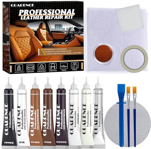 Quadence Leder Reparatur Set – Kunstleder reparaturset Set Braun | Flüssigleder Reparaturset für Kratzer, Risse & Löcher, Leder Reparatur-Set für Echtleder & Kunstleder (8-teilig: 8 × 25 ml )