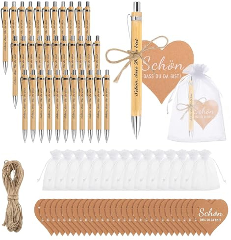 YOYEAH 50 Stück Holz Kugelschreiber Gastgeschenke Hochzeit - Schön Das du da Bist Geschenkset - für Hochzeit, Geburtstag, Kommunion, Taufe - Gastgeschenke Geburtstag Erwachsene