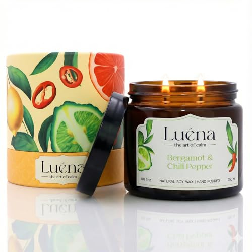 Luéna - Bergamot & Chili Pepper | Candela Profumata Premium 250 ml | Fatta a Mano | Durata 55 Ore | Regalo Perfetto per Casa e Relax