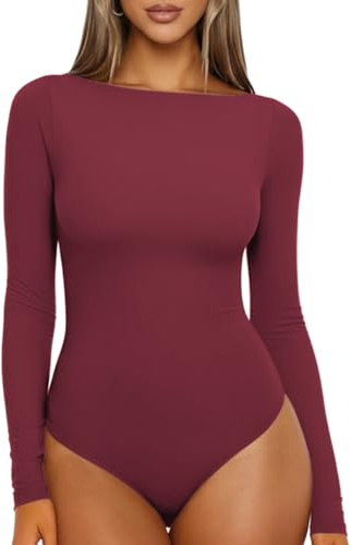 Sukiglam Dambody långärmad båthals bodysuit topp basic elegant formgivande bodysuit casual jumpsuit toppar enfärgad blusar skjortor Autunno Gainant bekväm för varje dag, Bordeaux, XL