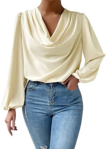 HUIFUAO Haut en mousseline de soie à col bénitier pour femme – Chemise habillée à manches longues pour le travail, les affaires, le bureau, les fêtes, les soirées, les sorties, les costumes, beige, L