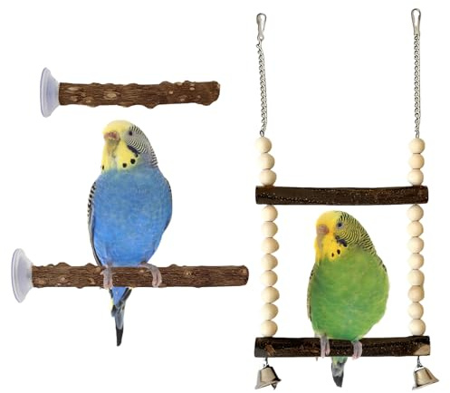 3 Stück Holz Vogelstange, Natur Sitzstangen Set Sitzstangenständer mit Saugnapf Vogel Hanfseil Sitzschaukel Vogelkäfig Zubehör für Vögel Wellensittich Nymphensittich Kanarienvogel