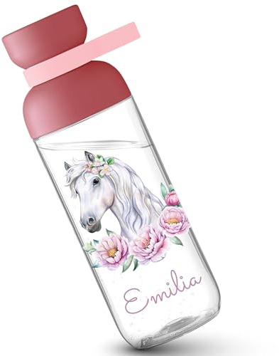 Kinder Trinkflasche Mepal Flasche - Pferde - Aquarell Pferd mit Blumen und Name - personalisiertes Mädchen Geschenk Zubehör - 500 ml - Rosa