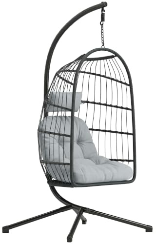 Outsunny Hanging Egg Chair with Stand, Safety Strap, Dark/Light Grey | Indoor Outdoor, Hammock Swing Chair, Foldable Basket, Thick Cushion, Headrest, Adjustable Height, Metal Frame, Garden Balcony