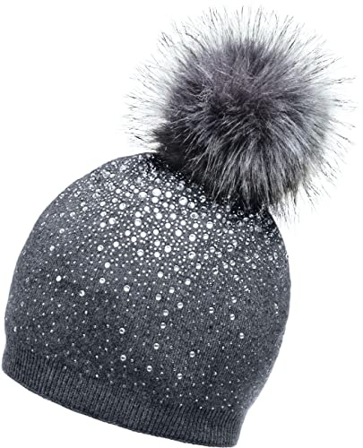 Caspar MU188 Damen Fein Strick Glitzer Strass Winter Mütze mit Fellbommel, Farbe:dunkelgrau, Größe:One Size