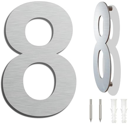 Edelstahl Hausnummer - Wetterfest und Pflegeleicht - Metallic Mattes Silber Finish - Moderner Schwebender Aussehen und Einfache Installation - Höhe 152 mm - Arial Ziffer 8