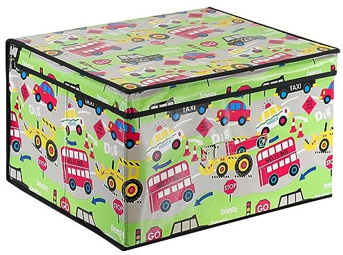The Magic Toy Shop Large Foldable Kids Toy Storage Box with Lid - Road Works Design - Collapsible Fabric Organizer for Children's Toys, Crafts, Clothes - for Boys & Girls Bedroom 50x30x40cm