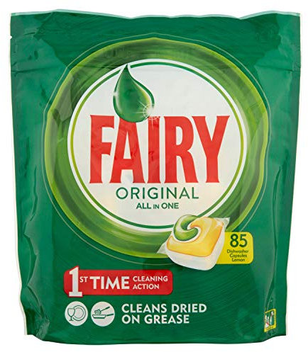 Fairy Original Todo en Uno - 85 pastillas para lavavajillas, detergente en paquete de 85 cápsulas, limón