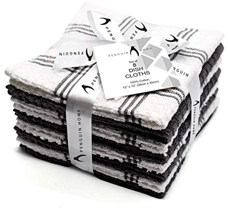 Penguin Home Premium Reusable Dish Cloth for Kitchen (30x30 cm, Pack of 8 Grey) - Eco Friendly & Sustainable 100% Cotton Kitchen Dish Cloths & Rags Super Absorbent & Fast Drying